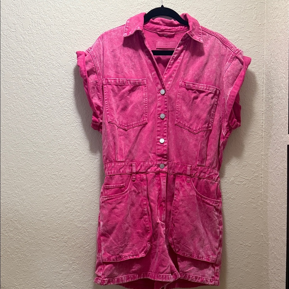 Hot Pink Short Sleeve Denim Romper, Excellent Condition, Size L